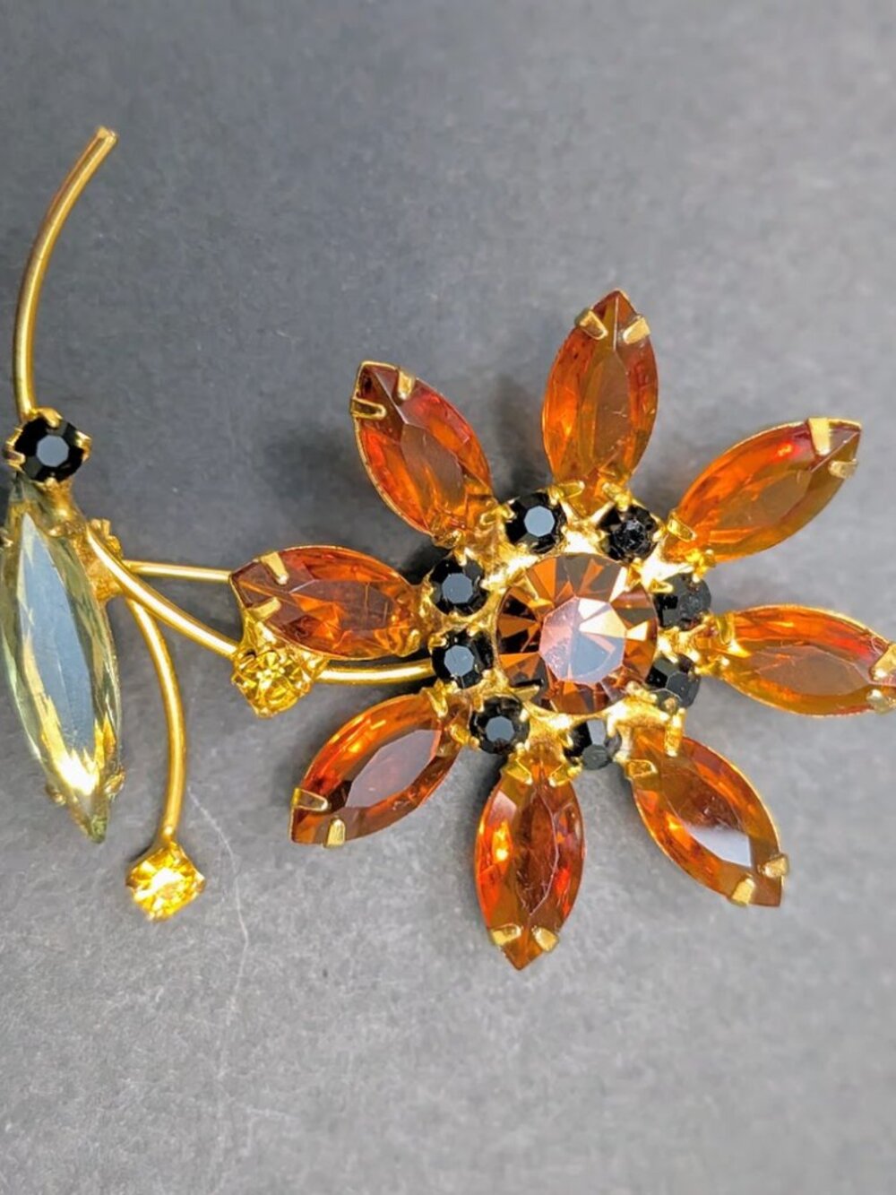 Vintage Rhinestone Flower Brooch Orange Black Yellow Gold Tone Statement Pin